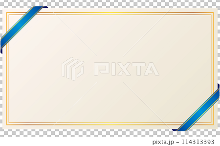 斜め掛けのゴールドライン入りリボンと横長カードフレームのイラスト（青） 114313393