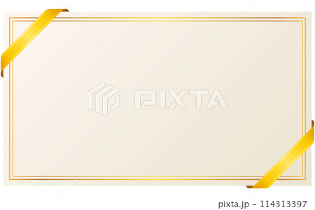 斜め掛けのゴールドライン入りリボンと横長カードフレームのイラスト（黄色） 114313397