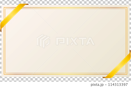斜め掛けのゴールドライン入りリボンと横長カードフレームのイラスト（黄色） 114313397