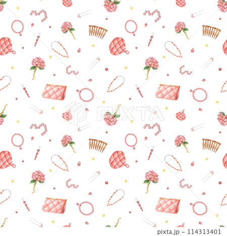Female accessories with flowers. Clutch, necklace, vintage hairpins with pearls and hydrangea flower. Seamless pattern of bijouterie. Watercolor illustration for wedding design, package 114313401