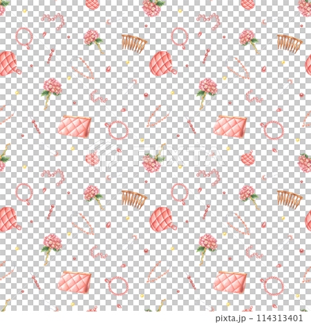 Female accessories with flowers. Clutch, necklace, vintage hairpins with pearls and hydrangea flower. Seamless pattern of bijouterie. Watercolor illustration for wedding design, package Female accessories with flowers. Clutch, necklace, vintage hairpins with pearls and hydrangea flower. Seamless pattern of bijouterie. Watercolor illustration for wedding design, package 114313401