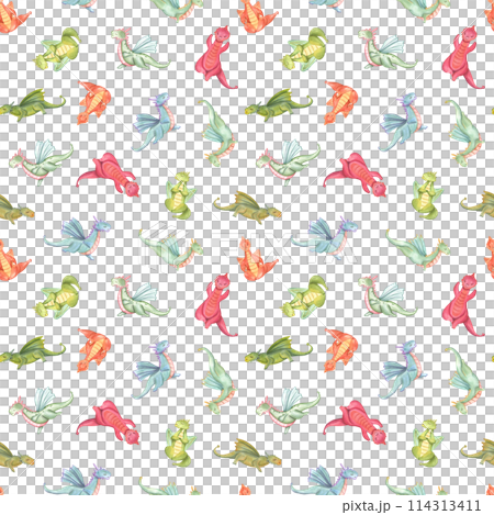 Multicolored meditating dragons. Flying animals in various poses of yoga. Seamless pattern with dragon practicing fitness exercises. Watercolor stylized illustration for fitness center design Multicolored meditating dragons. Flying animals in various poses of yoga. Seamless pattern with dragon practicing fitness exercises. Watercolor stylized illustration for fitness center design 114313411