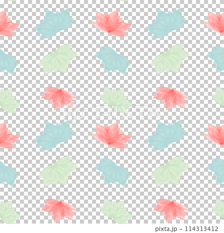 Abstract blooming lotus symbol. Hand drawn waterlily. Seamless pattern of simply red, green, blue flowers. Lotus icon. Geometric shape. Watercolor stylized illustration. For design, logo, label 114313412