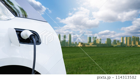 Close up of electric car with a connected charging cable on the background of green eco city.. Close up of electric car with a connected charging cable on the background of green eco city.. 114313582