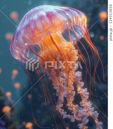 Bright jellyfish, with long tentacles vibrant colors Bright jellyfish, with long tentacles vibrant colors 114313658