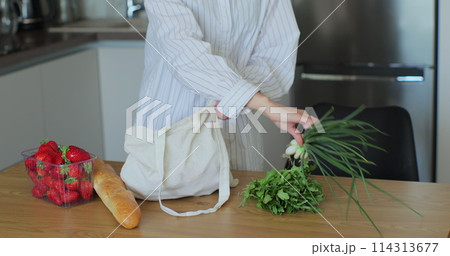 Woman put a bag of groceries on the kitchen table. Women hands put greens and vegetables on the table. Woman put a bag of groceries on the kitchen table. Women hands put greens and vegetables on the table. 114313677