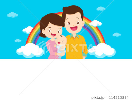 Happy big family in front of house ,rainbow Happy big family in front of house ,rainbow 114313854
