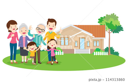 Happy big family in front of house ,rainbow Happy big family in front of house ,rainbow 114313860