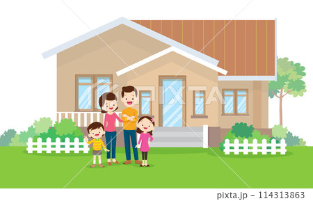 Happy big family in front of house ,rainbow 114313863
