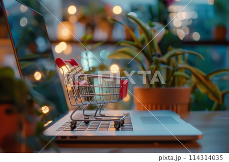 A shopping cart sits on top of a laptop computer in a building 114314035