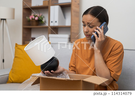 Stressed woman calls product delivery hotline on mobile phone with complaint about table lamp consumer holds decorative item sitting in living room of apartment Stressed woman calls product delivery hotline on mobile phone with complaint about table lamp consumer holds decorative item sitting in living room of apartment 114314079