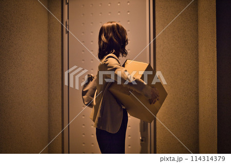ビジネスウーマン のナイトルーティーン 置き配を持つ後ろ姿 ビジネスウーマン のナイトルーティーン 置き配を持つ後ろ姿 114314379