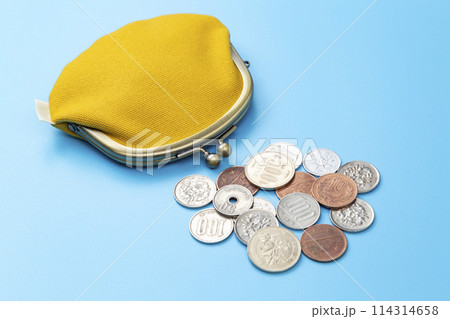 青背景に財布と硬貨 114314658