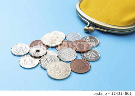 青背景に財布と硬貨 青背景に財布と硬貨 114314661