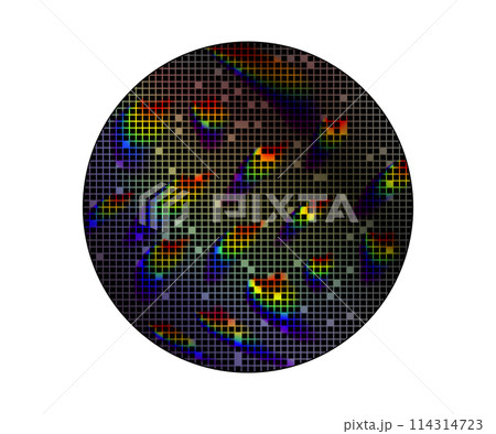 Poly crystalline silicon wafer with microchips and rainbow highlights on white 114314723