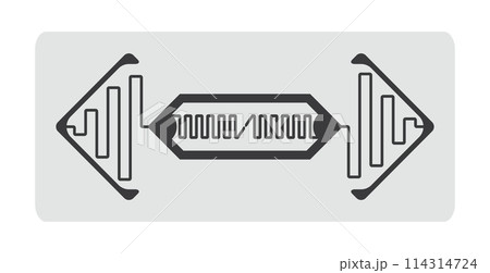 RFID tag on adhesive film with semiconductor microchip and sine wave antenna with antennae 114314724
