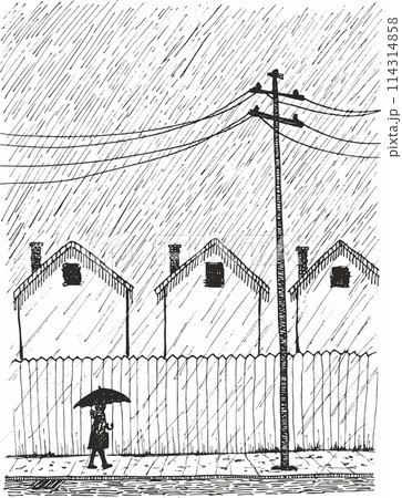 Young man walking in rain under umbrella. Hand drawn illustration, vector sketch 114314858