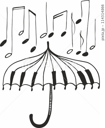 Sketch, an open umbrella in the rain with musical notes. The concept of a musical melody of rain Sketch, an open umbrella in the rain with musical notes. The concept of a musical melody of rain 114314866