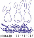 Cute easter Bunny with easter eggs and typography for easter greeting cards. Hand drawn doodle vector illustration 114314918