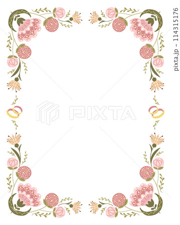 Vintage botanical wedding invitation in flat folk style with abstract flowers. Floral vertical symmetrical illustration in muted colors for wedding. Banner, card template isolated on white background 114315176