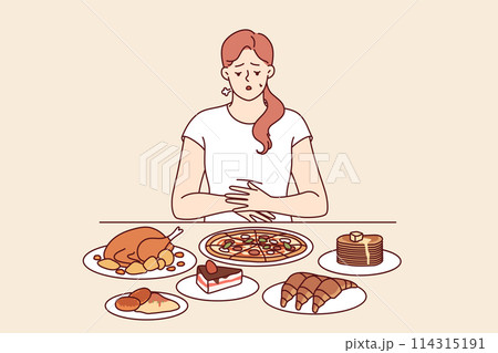 Problem of overeating in woman sitting at table with fast food, and in need of balanced diet Problem of overeating in woman sitting at table with fast food, and in need of balanced diet 114315191
