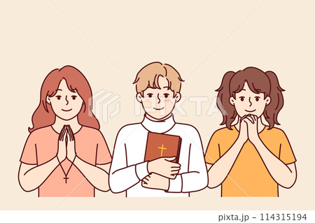 Children sunday school students make prayer gestures and hold holy bible or christian crosses 114315194