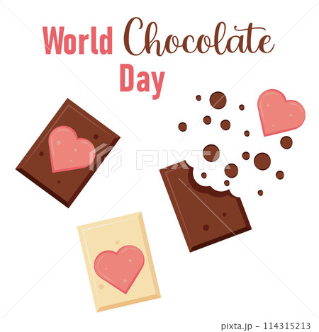 World Chocolate Day Celebration 7 July Chocolate chunks with hearts Delicious Dessert Flat Style 114315213