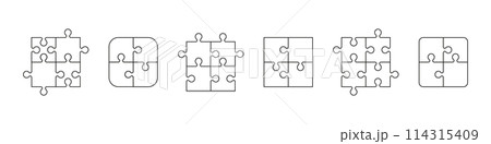 Jigsaw puzzle template with blank pieces grid pattern. Flat vector illustration isolated on white background. 114315409