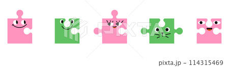 Cute puzzle character with abstract face, eyes and funny expression emoji. Flat vector illustration isolated on white background. 114315469