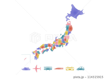 カラフルな日本地図と交通機関アイコンのイラスト 114315915