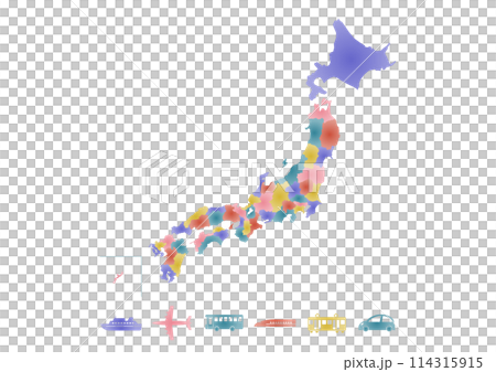 カラフルな日本地図と交通機関アイコンのイラスト 114315915