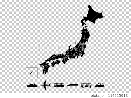 Illustration of Japan map and transportation icons (black) 114315918