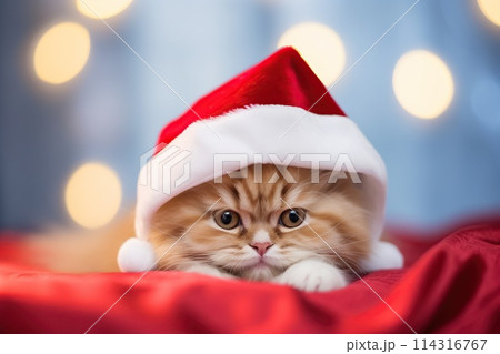 Christmas cute funny baby kitten in red Santa hat Christmas cute funny baby kitten in red Santa hat 114316767