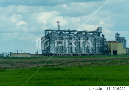 Granary elevator, silver silos on agro manufacturing plant for processing drying cleaning and storage of agricultural products, flour, cereals and grain. A field of green wheat. Granary elevator, silver silos on agro manufacturing plant for processing drying cleaning and storage of agricultural products, flour, cereals and grain. A field of green wheat. 114316962