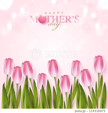 Happy Mother's Day with beautiful flowers tulips and hearts on pink background. illustration for greeting card, ad, promotion, poster, flier, blog, article, social media, marketing. vector design. 114316973