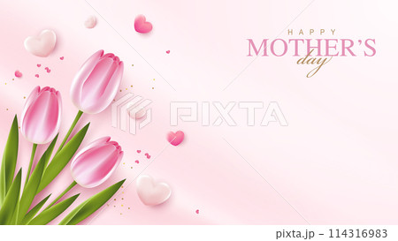 Happy Mother's Day with beautiful flowers tulips and hearts on pink background. illustration for greeting card, ad, promotion, poster, flier, blog, article, social media, marketing. vector design. Happy Mother's Day with beautiful flowers tulips and hearts on pink background. illustration for greeting card, ad, promotion, poster, flier, blog, article, social media, marketing. vector design. 114316983