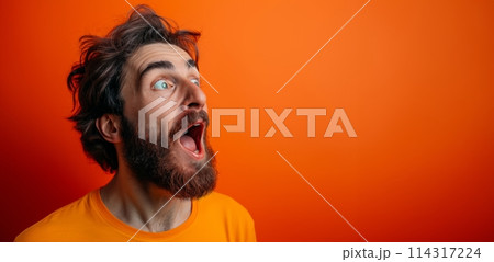 man with a beard being shocked against orange background, in the style of photorealistic fantasies man with a beard being shocked against orange background, in the style of photorealistic fantasies 114317224