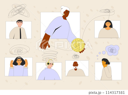 Online psychotherapy group session concept. Psychology consultation. Therapist and patients talk. Psychologist job online. Vector outline illustration. Online psychotherapy group session concept. Psychology consultation. Therapist and patients talk. Psychologist job online. Vector outline illustration. 114317381