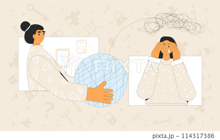 Online psychotherapy teenager concept. Psychology consultation about emotions. Private psychotherapy sessions. Crying teen girl talking to psychotherapist. Vector flat outline illustration. Online psychotherapy teenager concept. Psychology consultation about emotions. Private psychotherapy sessions. Crying teen girl talking to psychotherapist. Vector flat outline illustration. 114317386