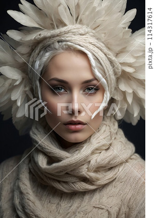 Surreal Closeup Portrait of an attractive young woman, a lot of levitating luminous leafs 114317614