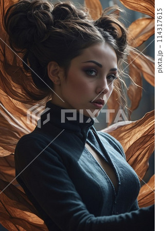 Surreal Closeup Portrait of an attractive young woman, a lot of levitating luminous leafs 114317615