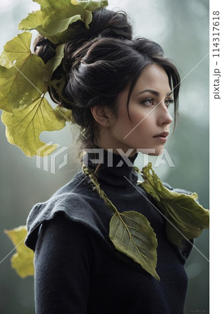 Surreal Closeup Portrait of an attractive young woman, a lot of levitating luminous leafs 114317618