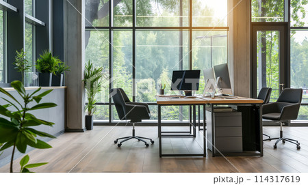 Modern Office With Desk, Chairs, and Large Window 114317619