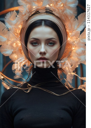 Surreal Closeup Portrait of an attractive young woman, a lot of levitating luminous leafs 114317627