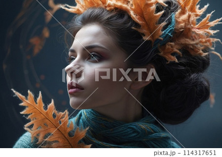 Surreal Closeup Portrait of an attractive young woman, a lot of levitating luminous leafs 114317651