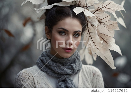 Surreal Closeup Portrait of an attractive young woman, a lot of levitating luminous leafs 114317652