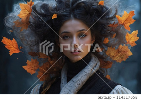 Surreal Closeup Portrait of an attractive young woman, a lot of levitating luminous leafs 114317658