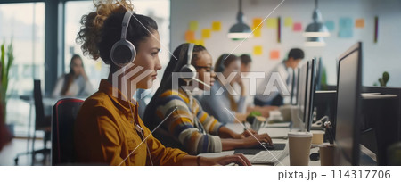 Group of People Sitting at Desk With Headphones 114317706