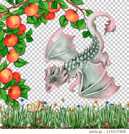 Watercolor hand drawn tropical cute dinosaurs composition. Dino illustration perfect for design, wallpaper, scrapbooking, invitation, wedding or greetings card. 114317809