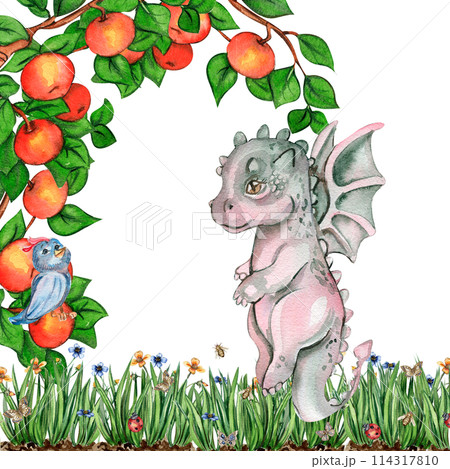 Watercolor hand drawn tropical cute dinosaurs composition. Dino illustration perfect for design, wallpaper, scrapbooking, invitation, wedding or greetings card. 114317810